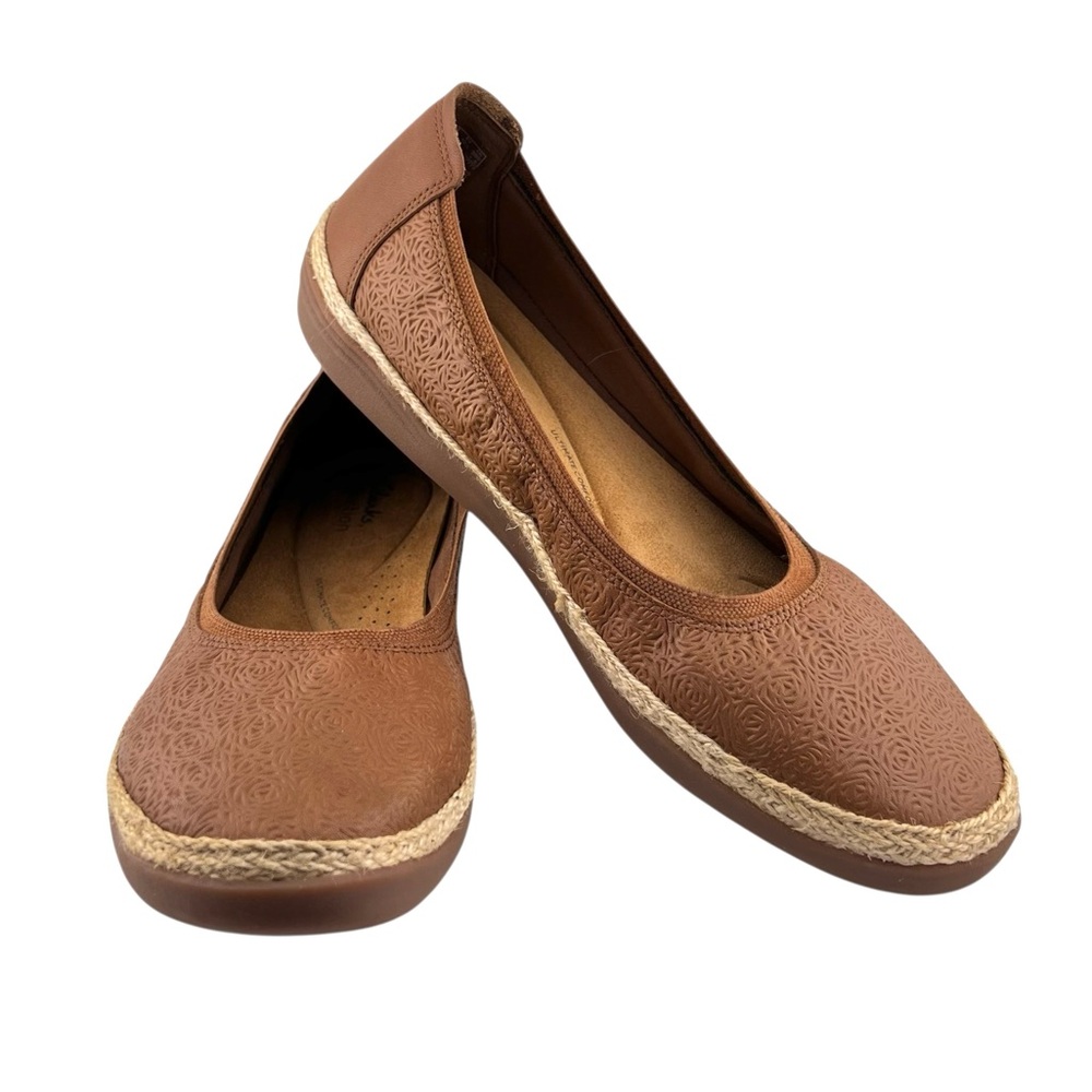 Clarks Elaina Rae Textured Espadrille Leather Flats Womens 11M Tan Comfort